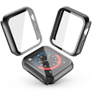 Julk Hard Case for Apple Watch Series 6 / SE/Series 5 / Series 4 44mm, 2020 New iWatch PC Overall Protective Cover with Slim Tempered Glass Screen Protector (2-Pack Black)